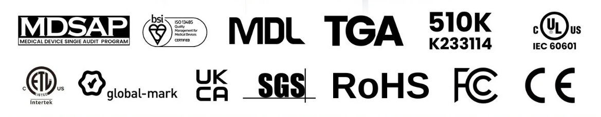 Product certifications including MDSAP, ISO 13485, MDL, TGA, FDA 510K, UL, ETL, UKCA, SGS, RoHS, FCC, and CE